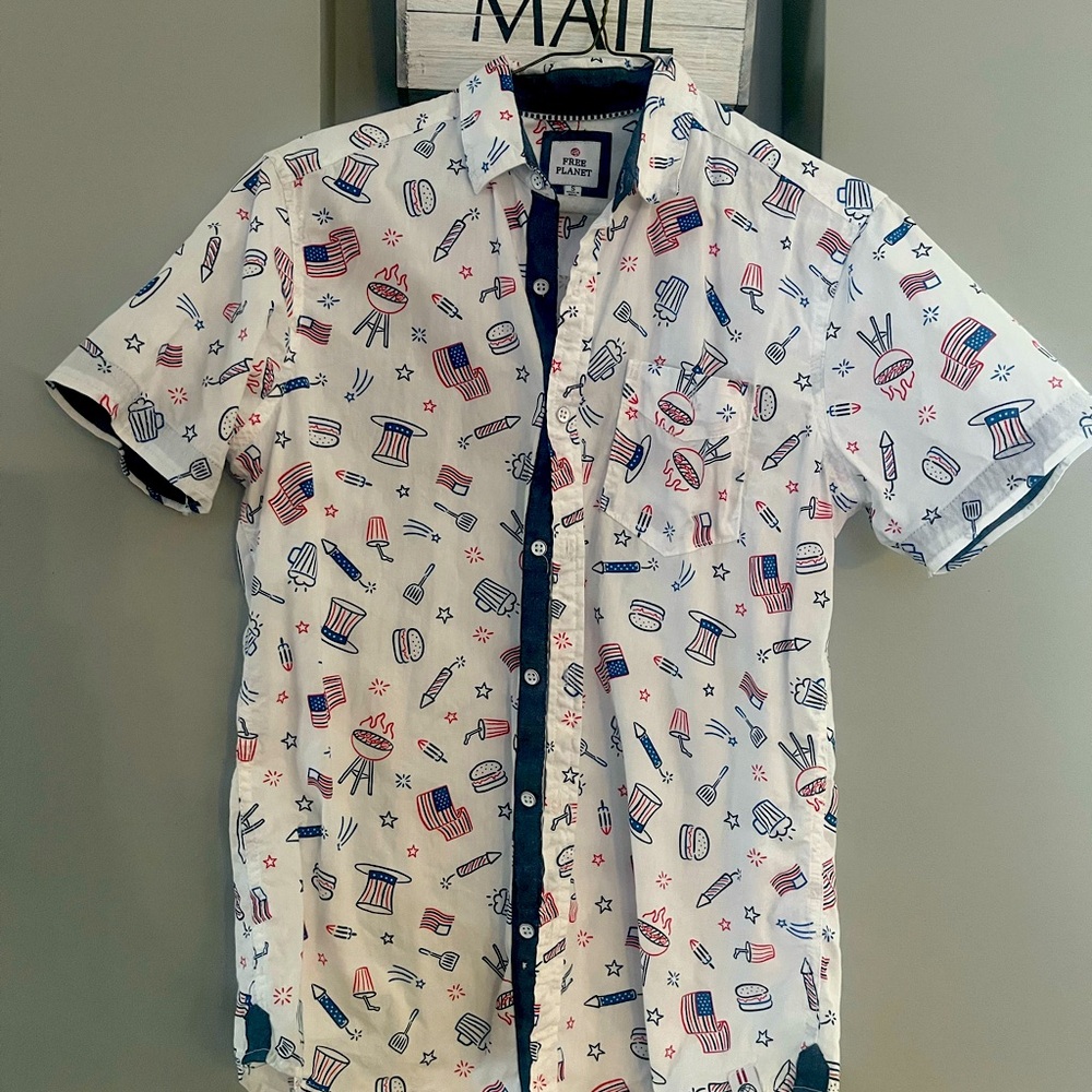 Free planet short sleeve men's button down ...red white and blue BBQ themed